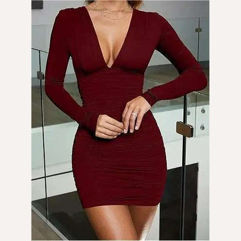 KIMLUD, Free Ship Women's Sexy Long Sleeve V Neck Ruched Bodycon Mini Party Cocktail Dress, KIMLUD Women's Clothes