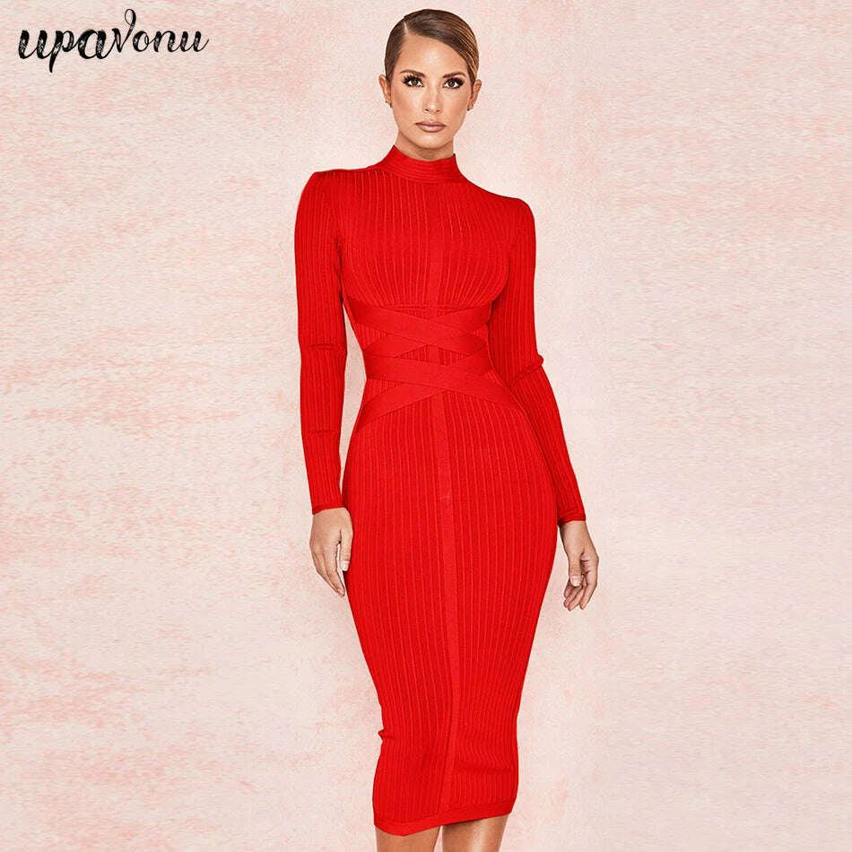 KIMLUD, Free shippin New Arrival 2021 Women Midi Bandage Dress Red Sexy High Neck Long Sleeve Bodycon Bandage Dress Rayon Party Dresses, KIMLUD Womens Clothes