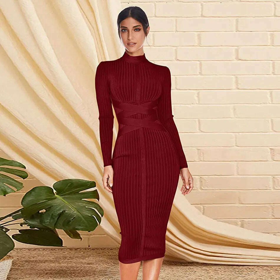 KIMLUD, Free shippin New Arrival 2021 Women Midi Bandage Dress Red Sexy High Neck Long Sleeve Bodycon Bandage Dress Rayon Party Dresses, Claret / XS, KIMLUD Womens Clothes