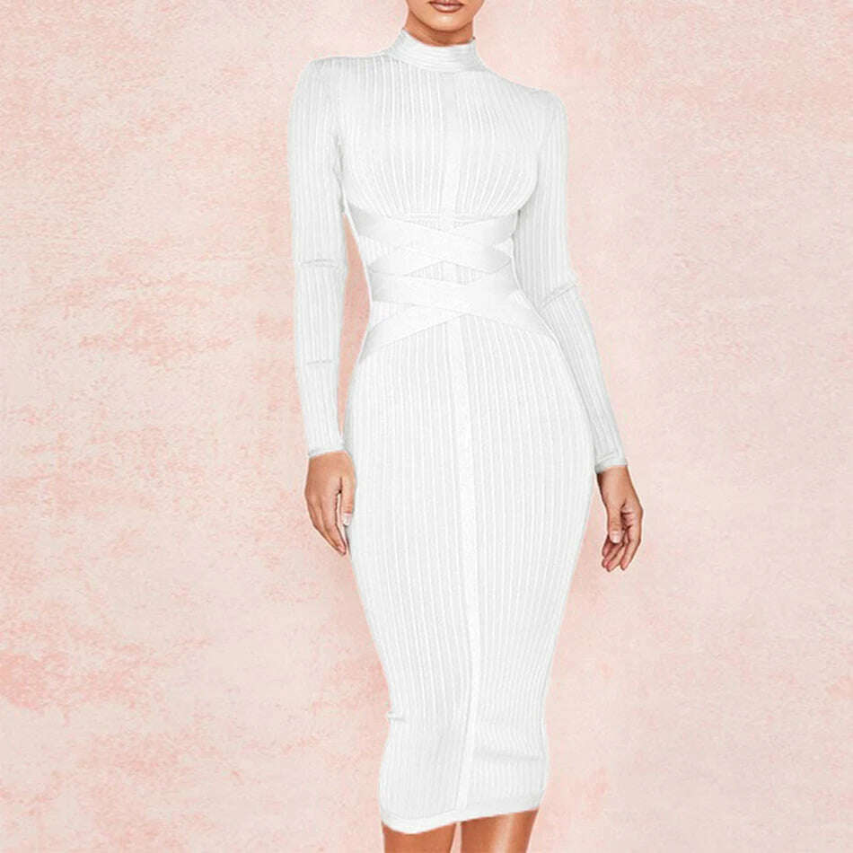 KIMLUD, Free shippin New Arrival 2021 Women Midi Bandage Dress Red Sexy High Neck Long Sleeve Bodycon Bandage Dress Rayon Party Dresses, White / XS, KIMLUD Womens Clothes