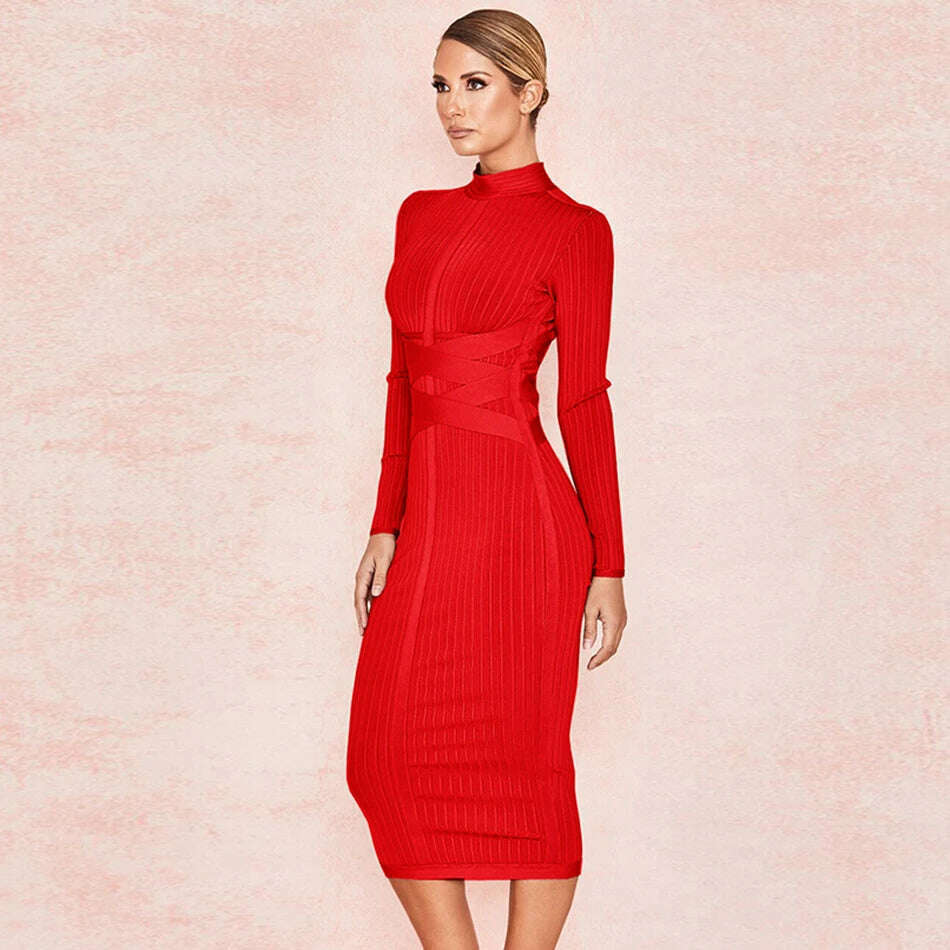 KIMLUD, Free shippin New Arrival 2021 Women Midi Bandage Dress Red Sexy High Neck Long Sleeve Bodycon Bandage Dress Rayon Party Dresses, KIMLUD Womens Clothes