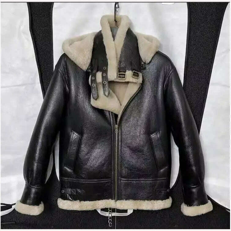 Free shipping.Men 100% real fur jacket with hat.quality winter warm genuine leather coat.sheepskin wool.Black shearling cloth - KIMLUD