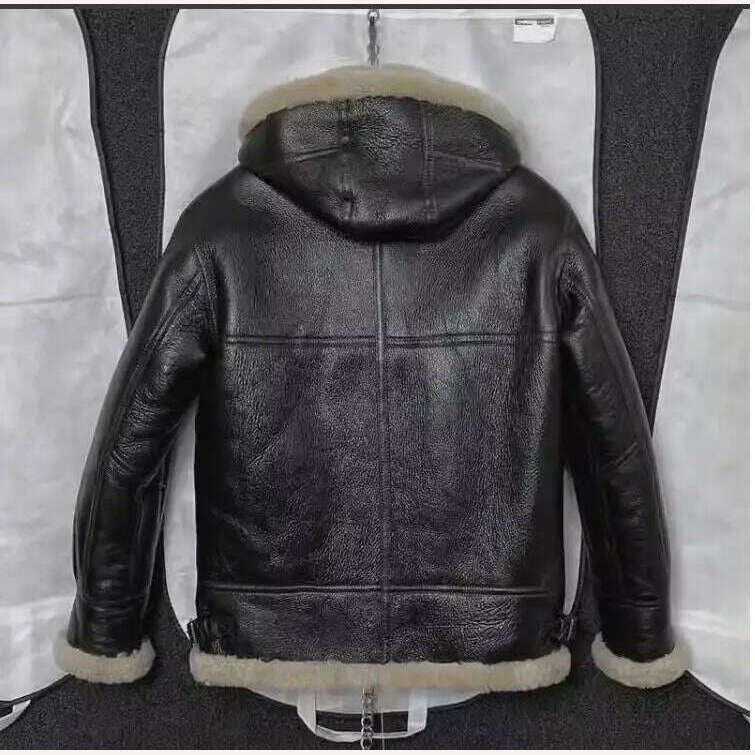 Free shipping.Men 100% real fur jacket with hat.quality winter warm genuine leather coat.sheepskin wool.Black shearling cloth - KIMLUD