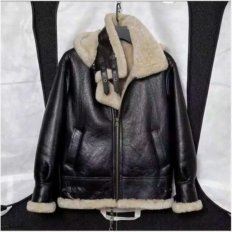 KIMLUD, Free shipping.Men 100% real fur jacket with hat.quality winter warm genuine leather coat.sheepskin wool.Black shearling cloth, KIMLUD Womens Clothes
