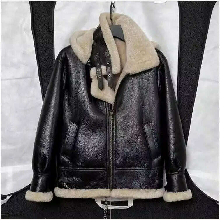 Free shipping.Men 100% real fur jacket with hat.quality winter warm genuine leather coat.sheepskin wool.Black shearling cloth - KIMLUD