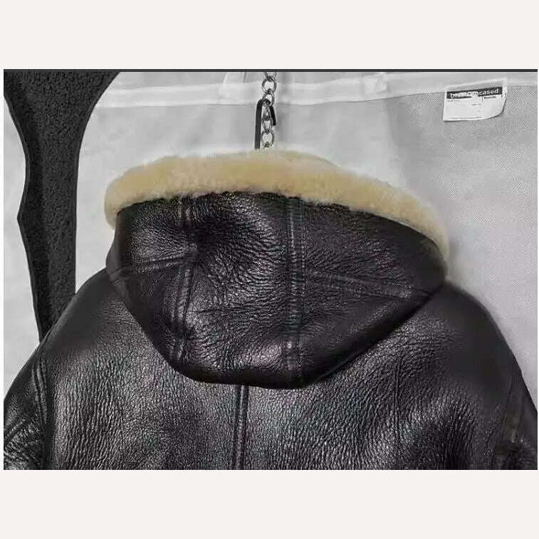 KIMLUD, Free shipping.Men 100% real fur jacket with hat.quality winter warm genuine leather coat.sheepskin wool.Black shearling cloth, KIMLUD Women's Clothes