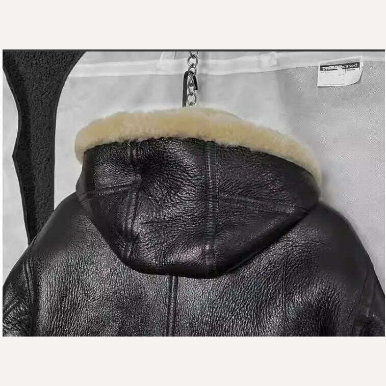 Free shipping.Men 100% real fur jacket with hat.quality winter warm genuine leather coat.sheepskin wool.Black shearling cloth - KIMLUD