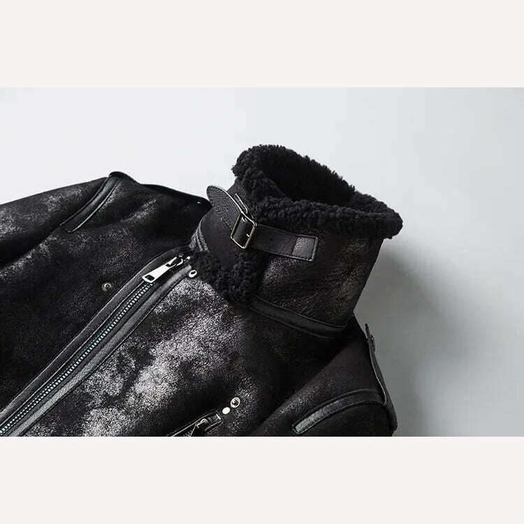 KIMLUD, Free shipping.Winter warm mens wool fur Jacket,Classic Rider vintage genuine Leather jacket.Cool thick sheepskin shearling coat., KIMLUD Womens Clothes