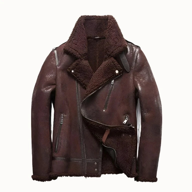 KIMLUD, Free shipping.Winter warm mens wool fur Jacket,Classic Rider vintage genuine Leather jacket.Cool thick sheepskin shearling coat., brown / 5XL, KIMLUD Womens Clothes
