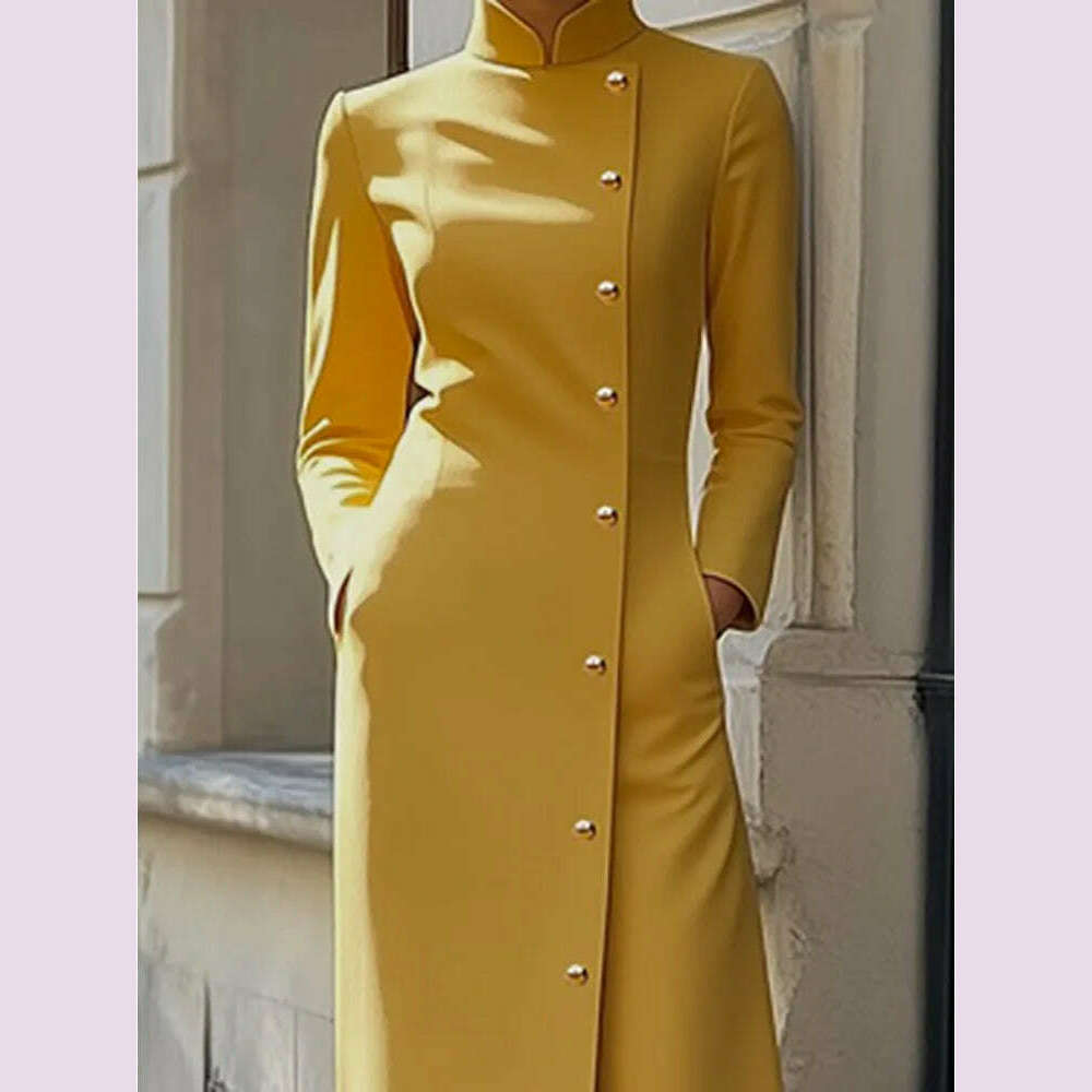 Freeacy Solid Color Dress for Women Stand Collar Long Sleeves Single-breasted H-Line Midi Dress Autumn Fashion High Street Dress - KIMLUD