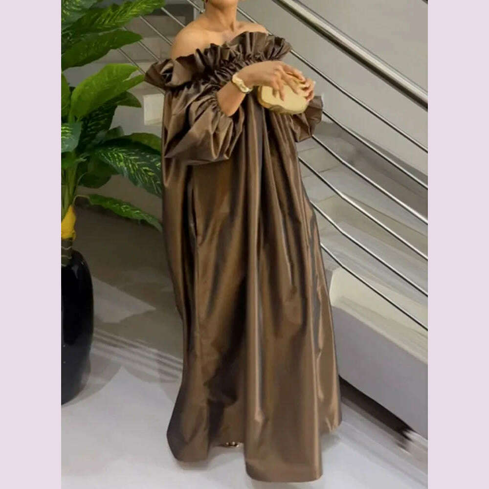 KIMLUD, Freeacy Summer Women's Dress Solid Color Elastic Off-the-shoulder Puff Sleeve Loose Maxi Dress 2024 Fashion Casual Party Dresses, KIMLUD Womens Clothes