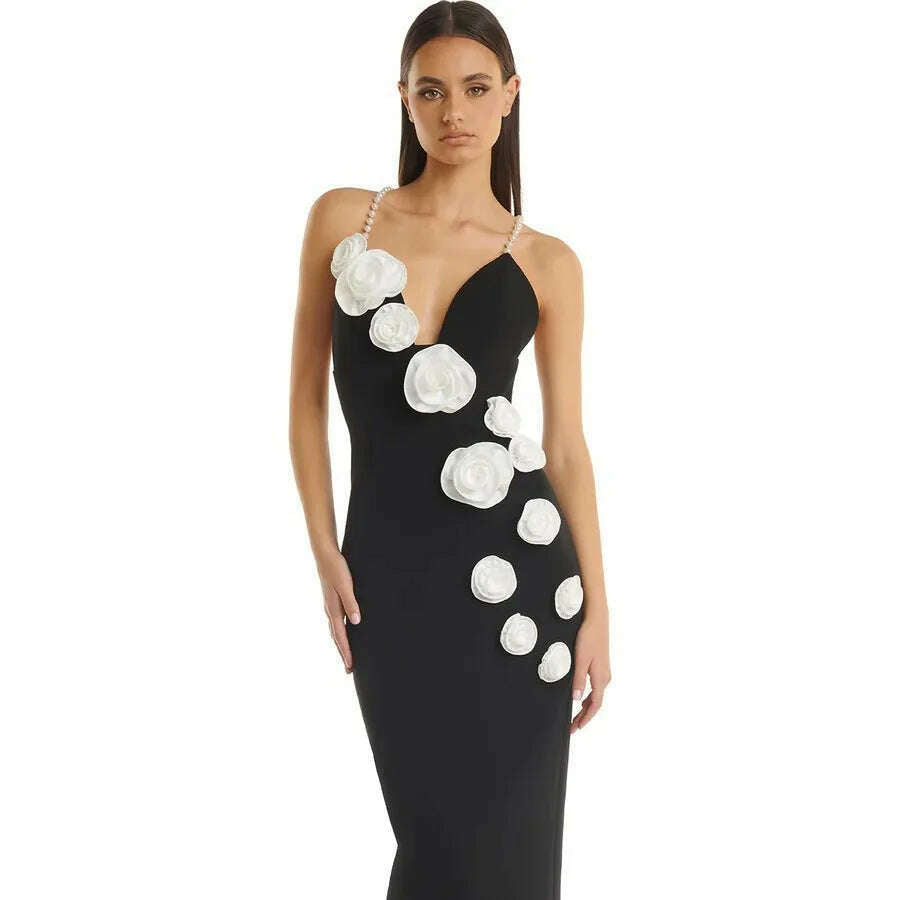 KIMLUD, French court style dress senior sense pearl straps three-dimensional flower design party evening dress women, KIMLUD Womens Clothes