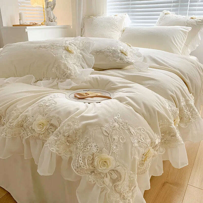 KIMLUD, French high-end lace princess wind milk velvet four-piece winter thick quilt cover warm quality bedding  set luxury, KIMLUD Womens Clothes