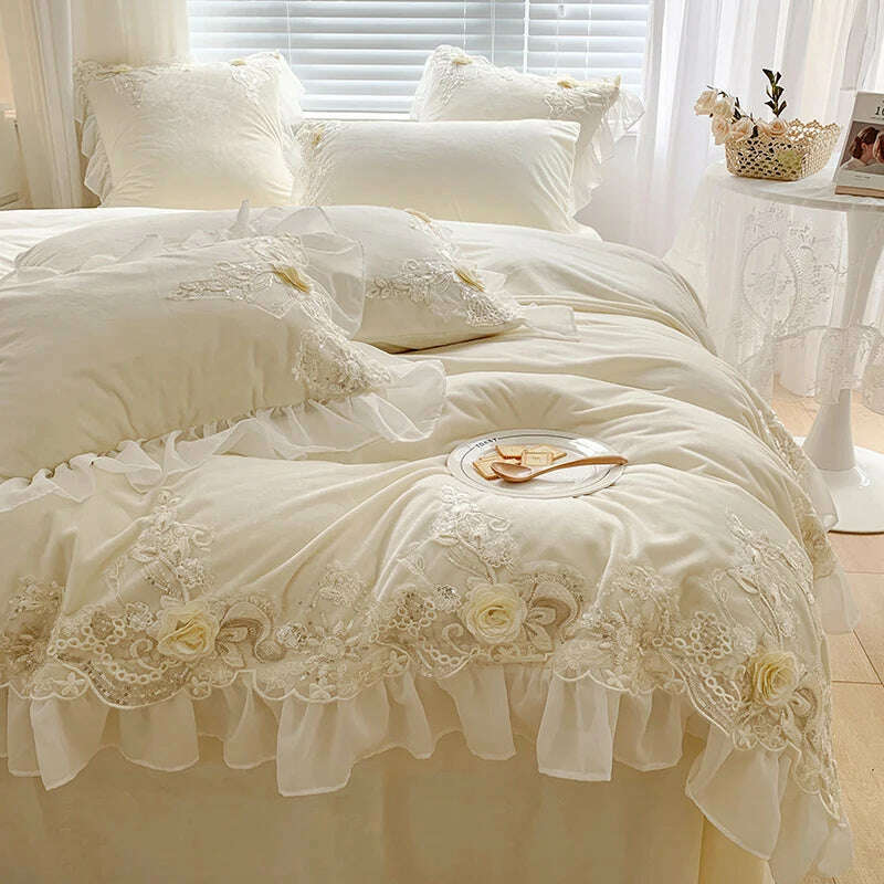 KIMLUD, French high-end lace princess wind milk velvet four-piece winter thick quilt cover warm quality bedding  set luxury, KIMLUD Womens Clothes