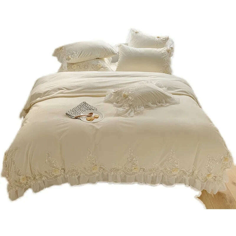 KIMLUD, French high-end lace princess wind milk velvet four-piece winter thick quilt cover warm quality bedding  set luxury, KIMLUD Womens Clothes