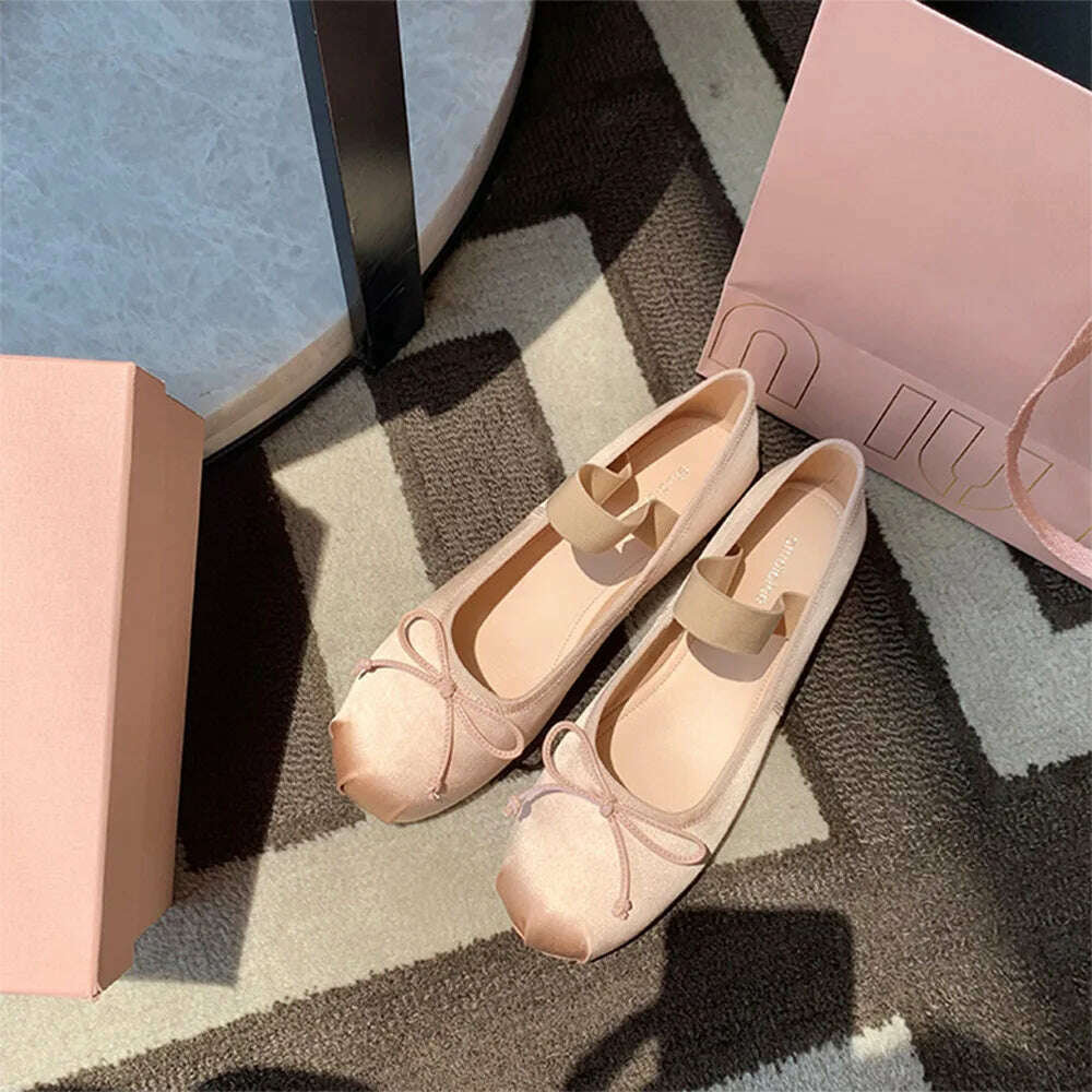 KIMLUD, French Rretro Bow Shoes for Ballet Flats French Ballerina ballet Flats women&#39;s soft Satin Silk shallow cross straps Belt Elastic, KIMLUD Womens Clothes