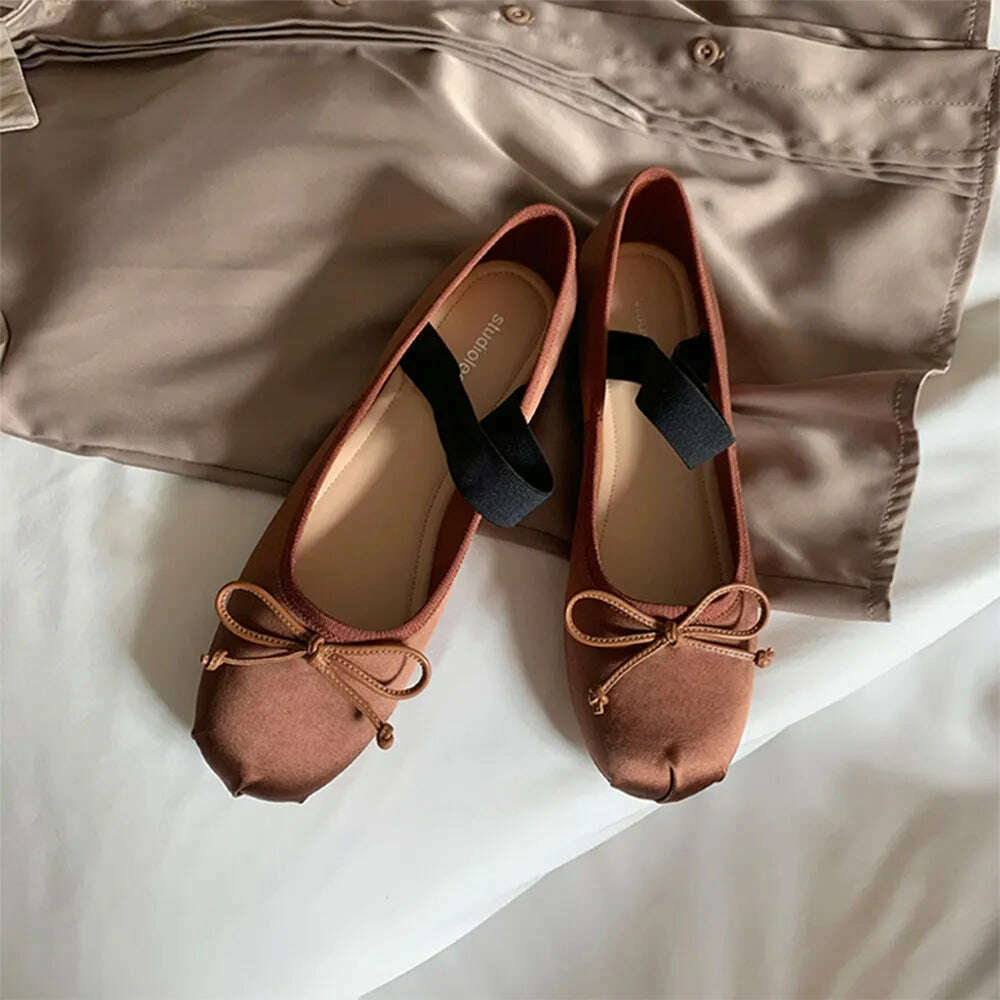 KIMLUD, French Rretro Bow Shoes for Ballet Flats French Ballerina ballet Flats women&#39;s soft Satin Silk shallow cross straps Belt Elastic, KIMLUD Womens Clothes