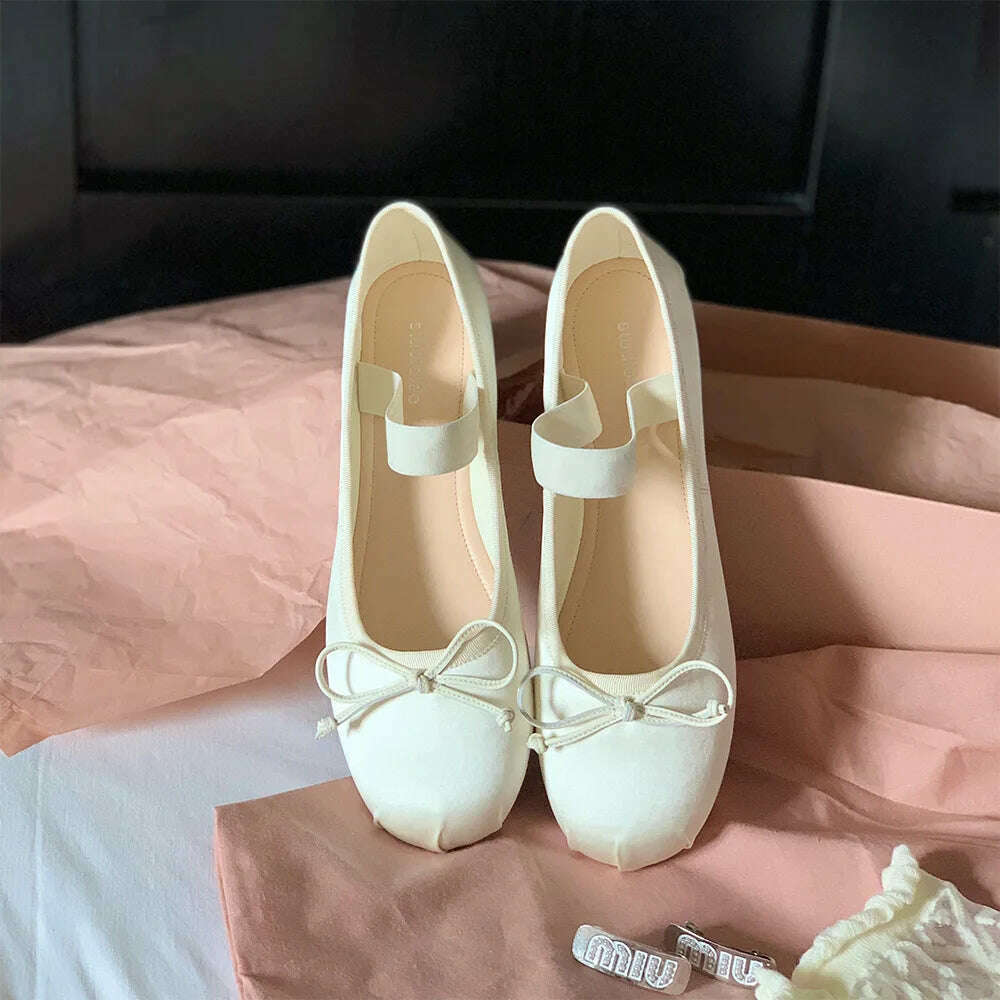 KIMLUD, French Rretro Bow Shoes for Ballet Flats French Ballerina ballet Flats women&#39;s soft Satin Silk shallow cross straps Belt Elastic, KIMLUD Womens Clothes