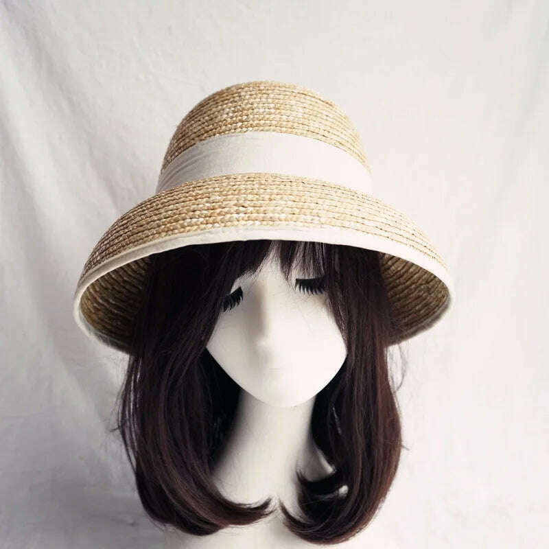 KIMLUD, French Style Cloche Straw Hats for Women Summer Hat Dome Sun Hat Straw Fedoras with White Black Band Ladies Beach Hat Travel, White band 02, KIMLUD Womens Clothes