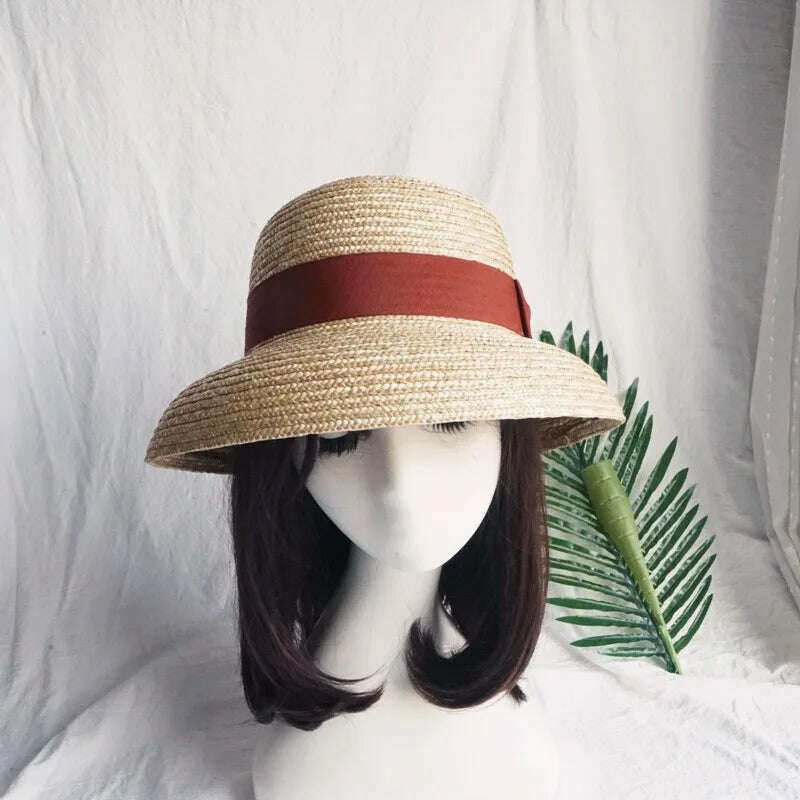 KIMLUD, French Style Cloche Straw Hats for Women Summer Hat Dome Sun Hat Straw Fedoras with White Black Band Ladies Beach Hat Travel, Rust Red Band, KIMLUD Womens Clothes