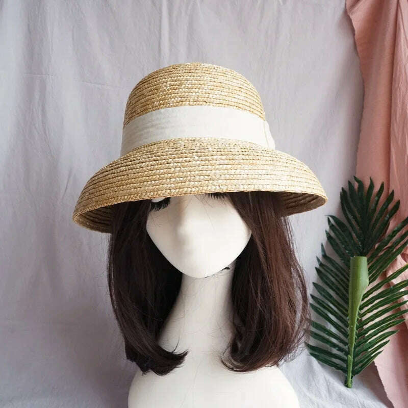 KIMLUD, French Style Cloche Straw Hats for Women Summer Hat Dome Sun Hat Straw Fedoras with White Black Band Ladies Beach Hat Travel, White band 01, KIMLUD Womens Clothes