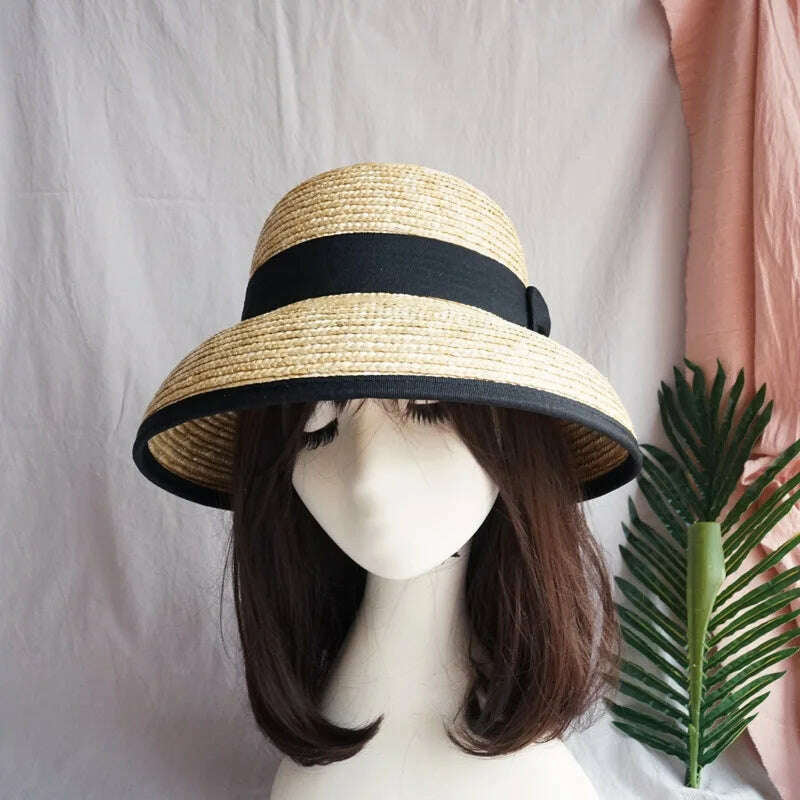 KIMLUD, French Style Cloche Straw Hats for Women Summer Hat Dome Sun Hat Straw Fedoras with White Black Band Ladies Beach Hat Travel, Black band 02, KIMLUD Womens Clothes