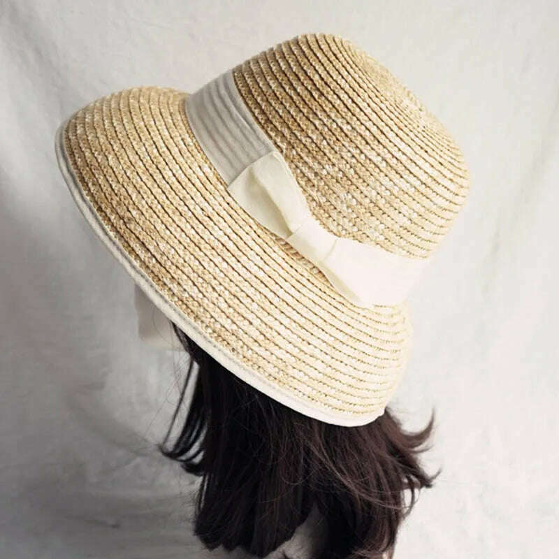KIMLUD, French Style Cloche Straw Hats for Women Summer Hat Dome Sun Hat Straw Fedoras with White Black Band Ladies Beach Hat Travel, KIMLUD Womens Clothes