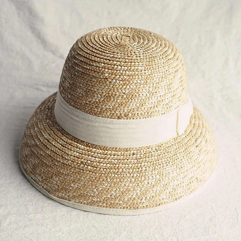 KIMLUD, French Style Cloche Straw Hats for Women Summer Hat Dome Sun Hat Straw Fedoras with White Black Band Ladies Beach Hat Travel, KIMLUD Womens Clothes