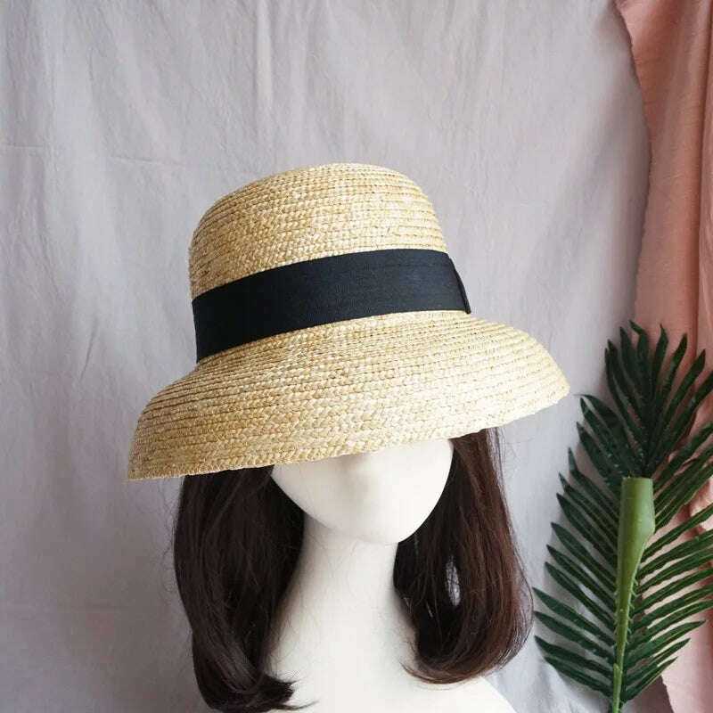 KIMLUD, French Style Cloche Straw Hats for Women Summer Hat Dome Sun Hat Straw Fedoras with White Black Band Ladies Beach Hat Travel, Black band 01, KIMLUD Womens Clothes