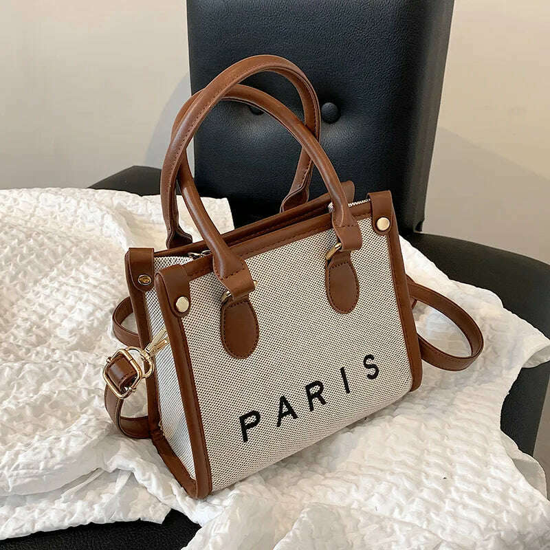 KIMLUD, French Style Letters Canvas Large Work Tote Handbags For Women 2022 Trend Fashion Design Small Ladies Shoulder Crossbody Bags, Brown Small, KIMLUD Womens Clothes