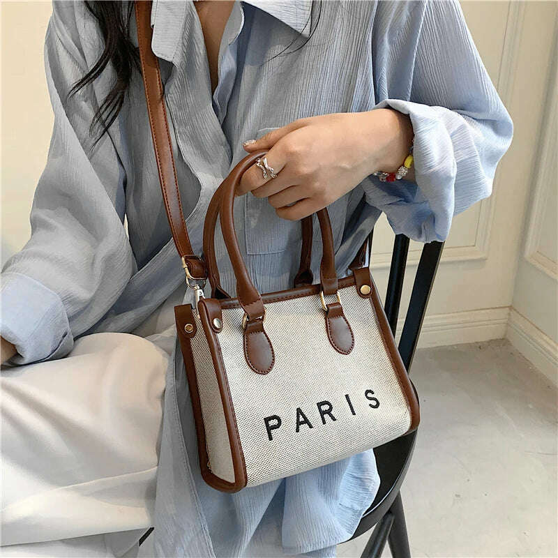 KIMLUD, French Style Letters Canvas Large Work Tote Handbags For Women 2022 Trend Fashion Design Small Ladies Shoulder Crossbody Bags, KIMLUD Womens Clothes