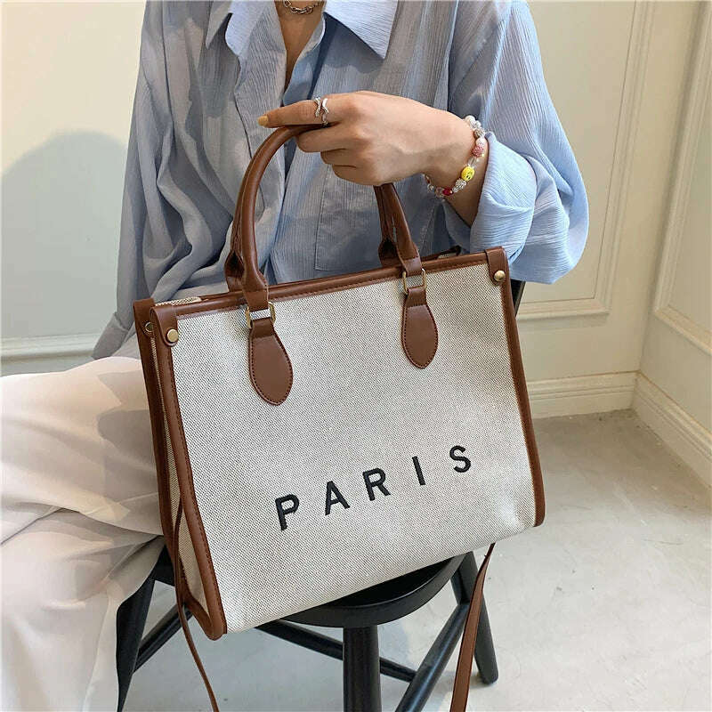 KIMLUD, French Style Letters Canvas Large Work Tote Handbags For Women 2022 Trend Fashion Design Small Ladies Shoulder Crossbody Bags, KIMLUD Womens Clothes