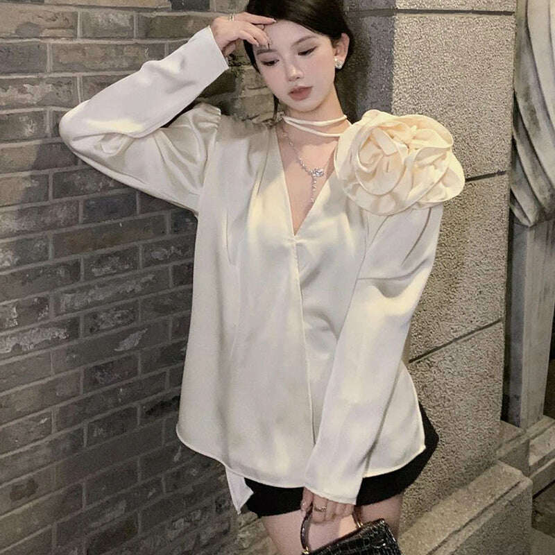 KIMLUD, French style retro fashion three-dimensional flower decoration V-neck shirt 2023 spring sexy  shirt high  blusas, KIMLUD Womens Clothes