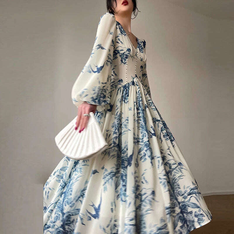 KIMLUD, French Vintage Dress Women 2024 Spring V Neck Beaded Empire Chiffon Long Dress Autumn Printed Lantern Sleeve Hem Boho Maxi Dress, KIMLUD Womens Clothes