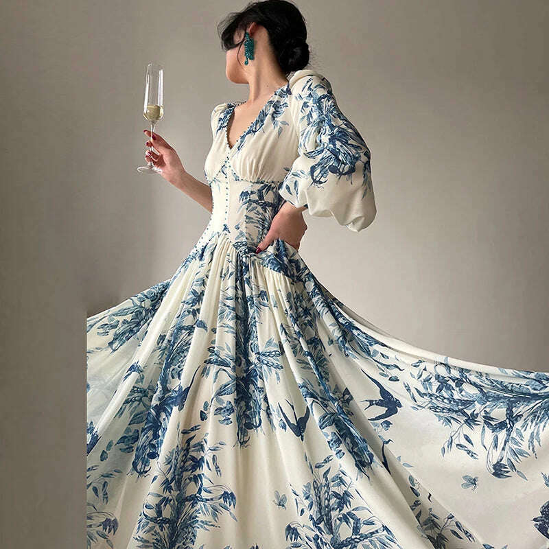 KIMLUD, French Vintage Dress Women 2024 Spring V Neck Beaded Empire Chiffon Long Dress Autumn Printed Lantern Sleeve Hem Boho Maxi Dress, KIMLUD Womens Clothes