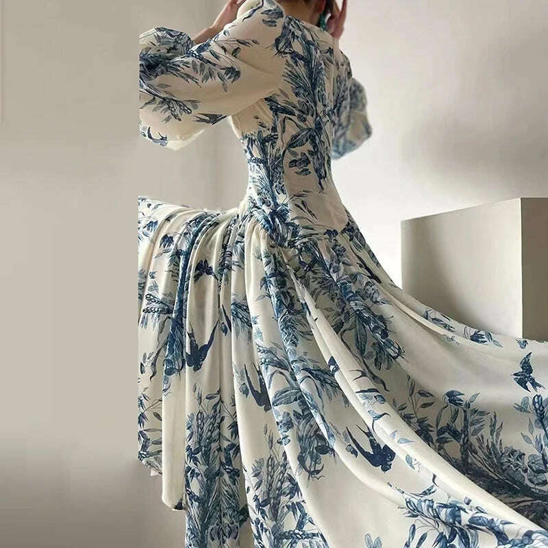 KIMLUD, French Vintage Dress Women 2024 Spring V Neck Beaded Empire Chiffon Long Dress Autumn Printed Lantern Sleeve Hem Boho Maxi Dress, KIMLUD Womens Clothes