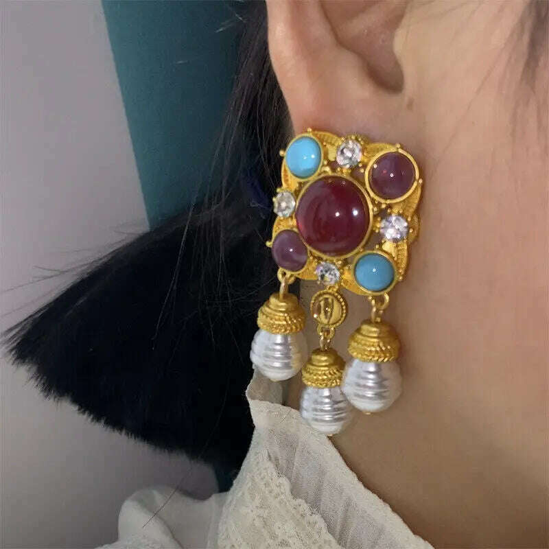 KIMLUD, French vintage fashion earrings for women court style dangling earrings, KIMLUD Womens Clothes