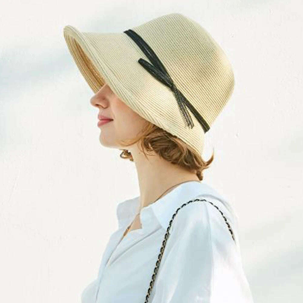 KIMLUD, FS 2023 French Straw Bonnet Cap for Women Victorian Sun Hats Chin Strap Foldable Summer Accessories Bucket Hat Fedoras For Beach, Beige / M(55-58CM), KIMLUD Womens Clothes