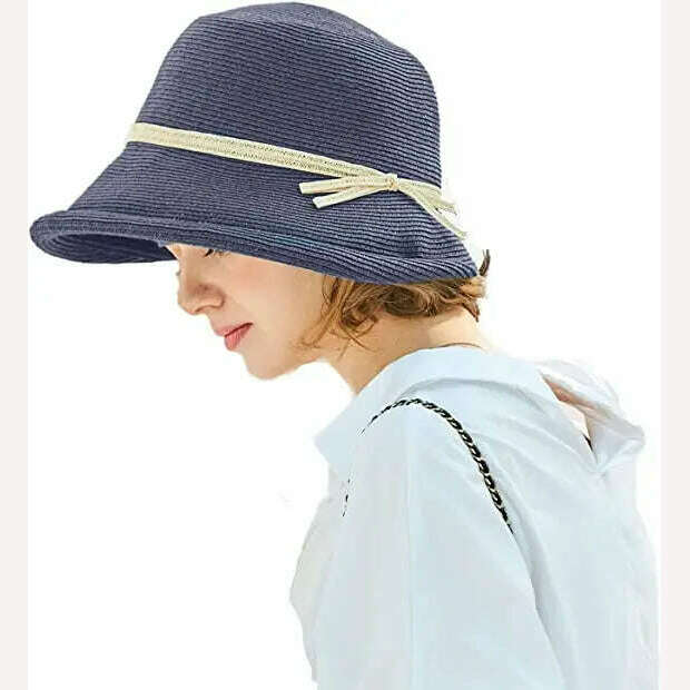 KIMLUD, FS 2023 French Straw Bonnet Cap for Women Victorian Sun Hats Chin Strap Foldable Summer Accessories Bucket Hat Fedoras For Beach, Navy Blue / M(55-58CM), KIMLUD Womens Clothes