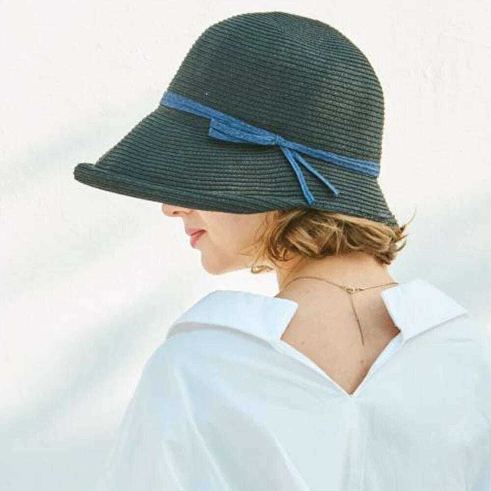 KIMLUD, FS 2023 French Straw Bonnet Cap for Women Victorian Sun Hats Chin Strap Foldable Summer Accessories Bucket Hat Fedoras For Beach, Black / M(55-58CM), KIMLUD Womens Clothes