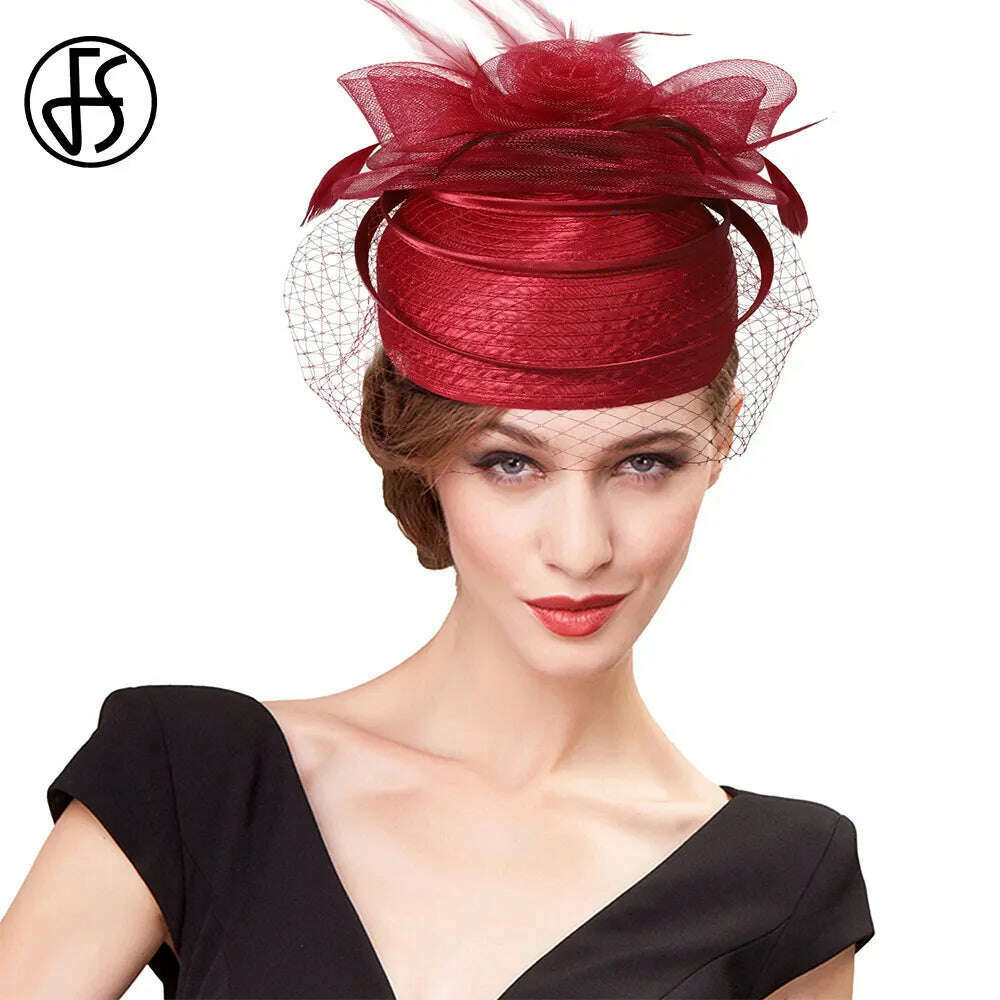 KIMLUD, FS 2023 Wedding Church Red Hats Fascinators For Woman With Feather Veil Cocktail Party Headdress Lady Elegant Kentucky Derby Cap, KIMLUD Women's Clothes