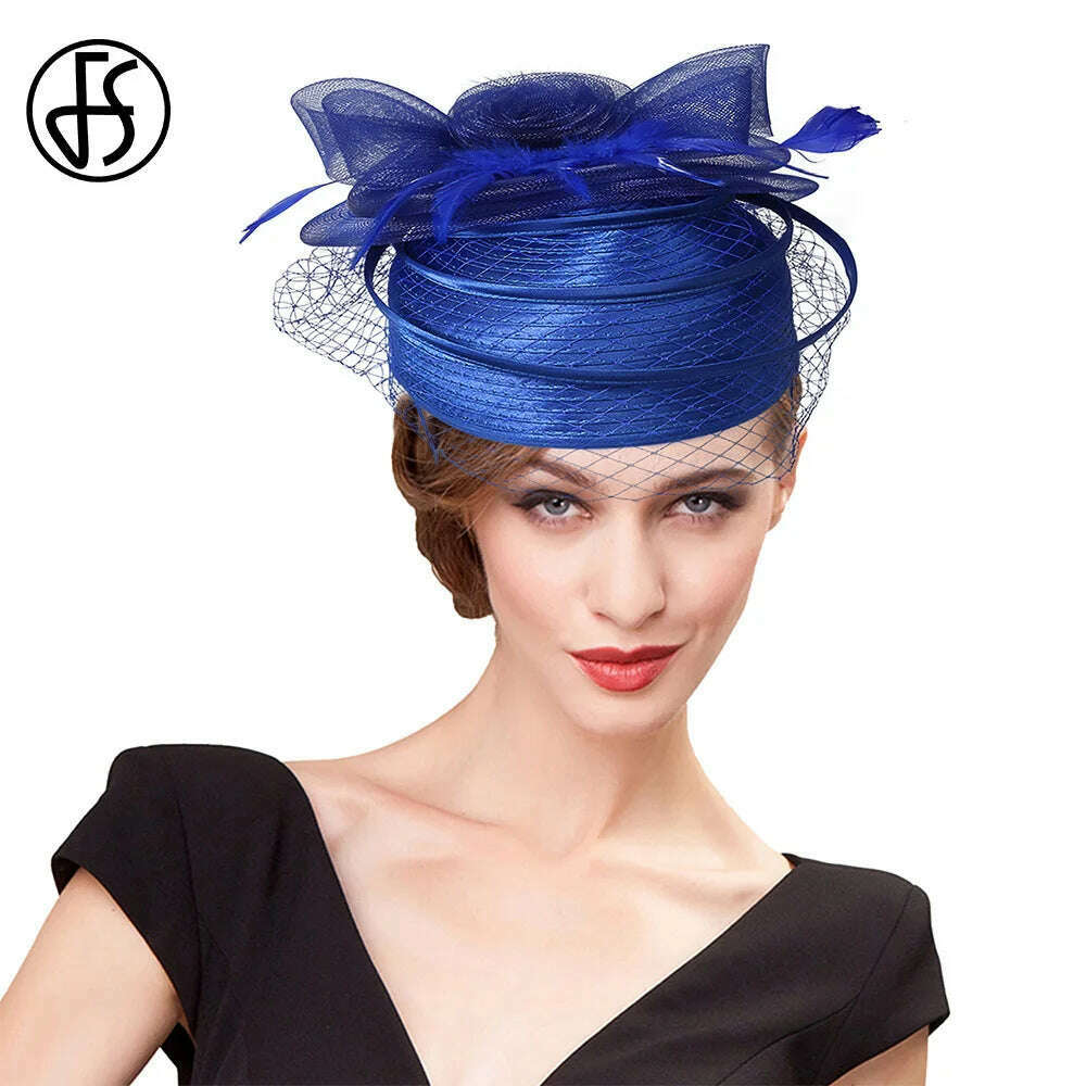 KIMLUD, FS 2023 Wedding Church Red Hats Fascinators For Woman With Feather Veil Cocktail Party Headdress Lady Elegant Kentucky Derby Cap, KIMLUD Womens Clothes