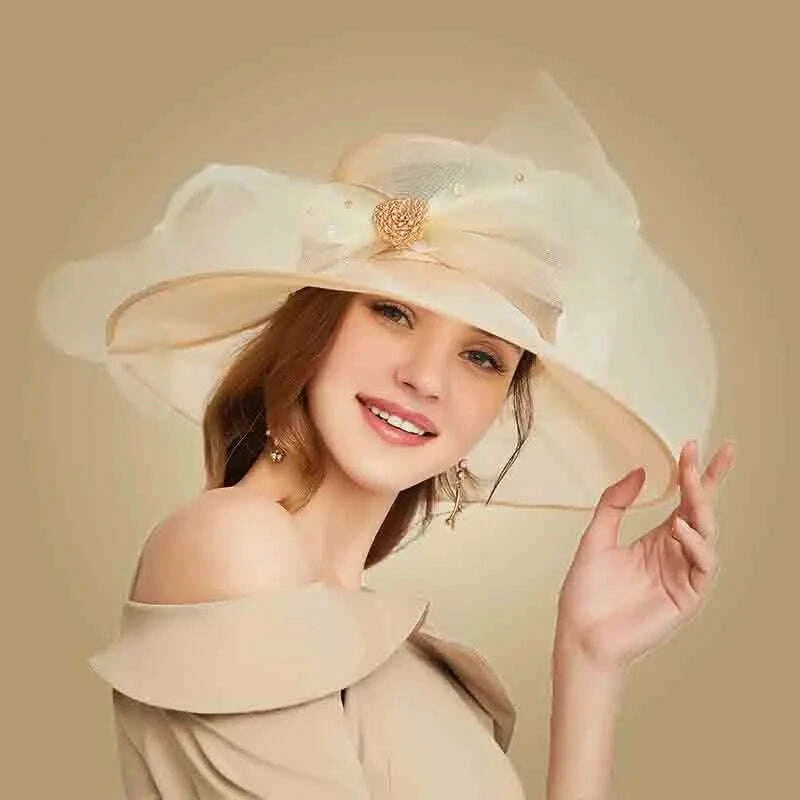 KIMLUD, FS Beige White Organza Wide Brim Sun Hats For Women Church Hats Women Elegant Kentucky Derby Hat Ladies Big Bow Fedora, KIMLUD Women's Clothes