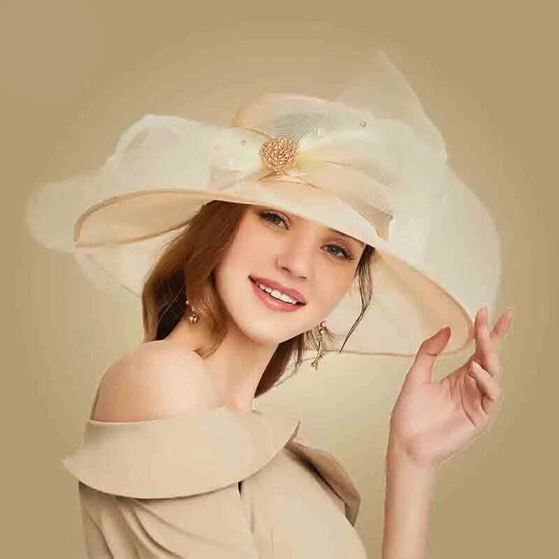 FS Beige White Organza Wide Brim Sun Hats For Women Church Hats Women Elegant Kentucky Derby Hat Ladies Big Bow Fedora - KIMLUD