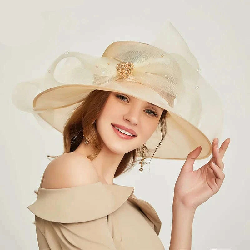 FS Beige White Organza Wide Brim Sun Hats For Women Church Hats Women Elegant Kentucky Derby Hat Ladies Big Bow Fedora - KIMLUD