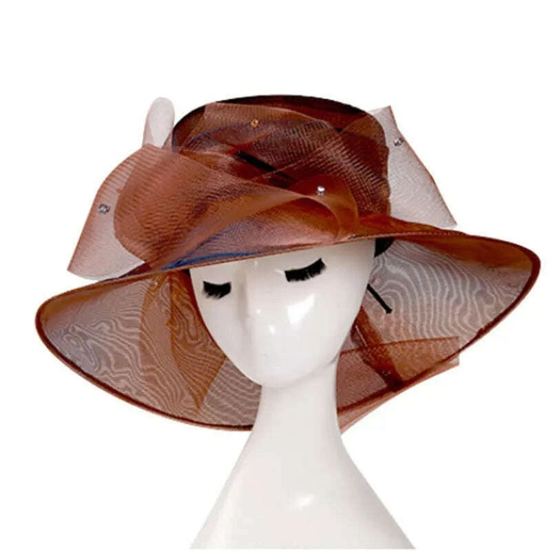 FS Beige White Organza Wide Brim Sun Hats For Women Church Hats Women Elegant Kentucky Derby Hat Ladies Big Bow Fedora - KIMLUD