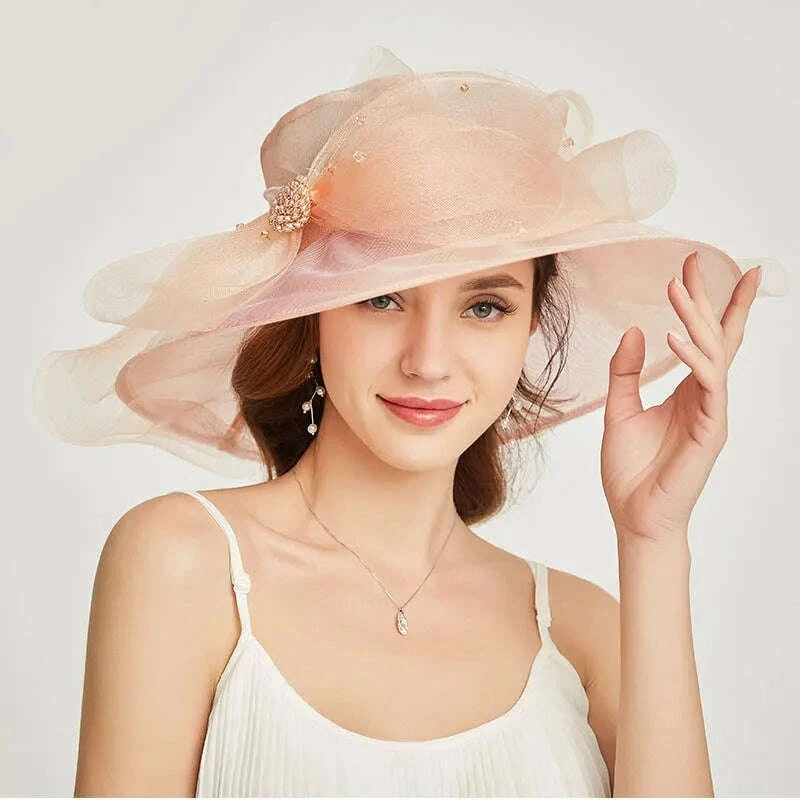 FS Beige White Organza Wide Brim Sun Hats For Women Church Hats Women Elegant Kentucky Derby Hat Ladies Big Bow Fedora - KIMLUD