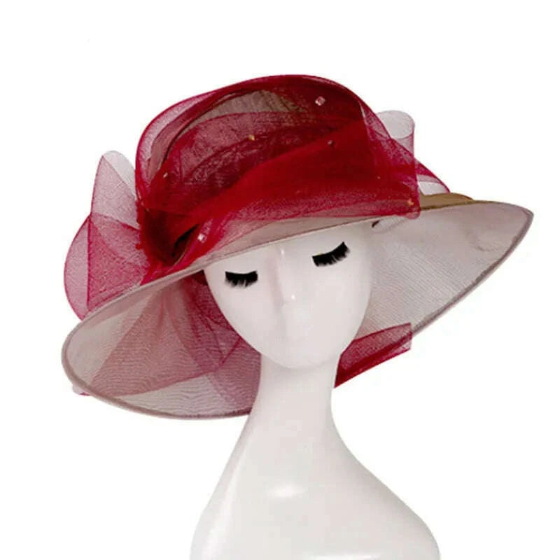 KIMLUD, FS Beige White Organza Wide Brim Sun Hats For Women Church Hats Women Elegant Kentucky Derby Hat Ladies Big Bow Fedora, Wine Red Sun Hat / 56-58CM, KIMLUD Womens Clothes