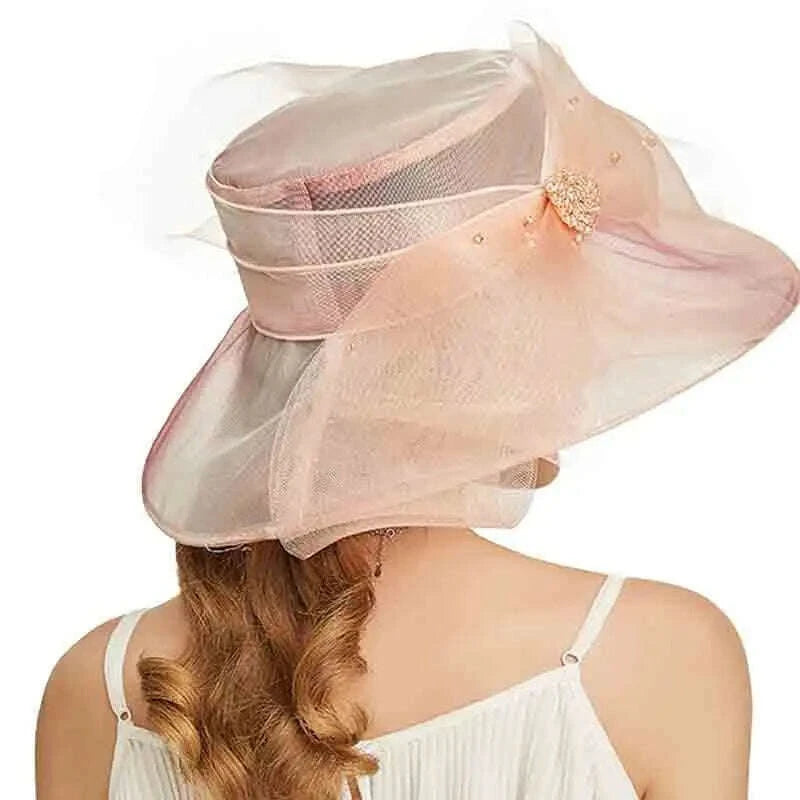 FS Beige White Organza Wide Brim Sun Hats For Women Church Hats Women Elegant Kentucky Derby Hat Ladies Big Bow Fedora - KIMLUD