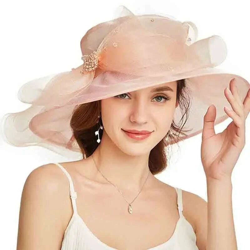 FS Beige White Organza Wide Brim Sun Hats For Women Church Hats Women Elegant Kentucky Derby Hat Ladies Big Bow Fedora - KIMLUD